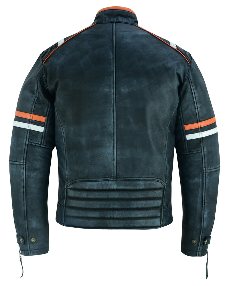 Cafe Racer Orange & White Stripes Black Leather Biker Jacket -