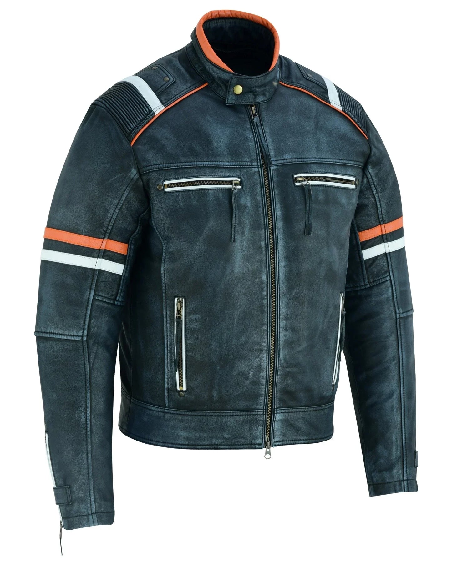 cafe racer orange & white stripes black leather biker jacket -