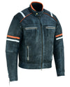 Cafe Racer Orange & White Stripes Black Leather Biker Jacket -