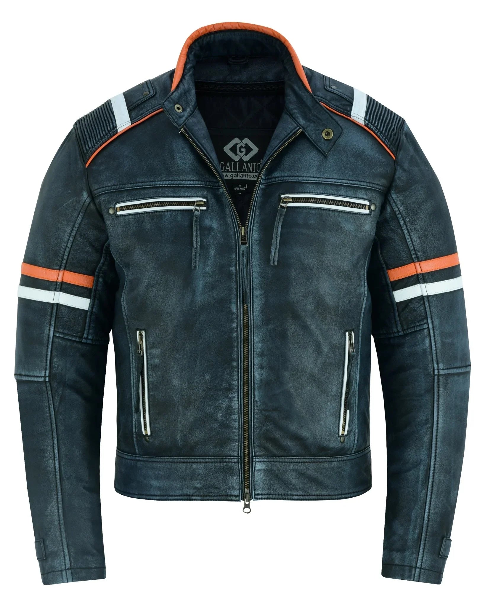 Cafe Racer Orange & White Stripes Black Leather Biker Jacket -