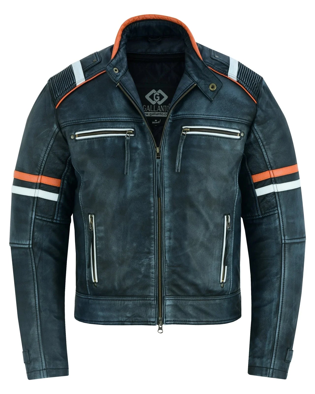 Cafe Racer Orange & White Stripes Black Leather Biker Jacket -