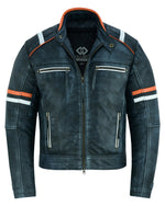 Cafe Racer Orange & White Stripes Black Leather Biker Jacket -