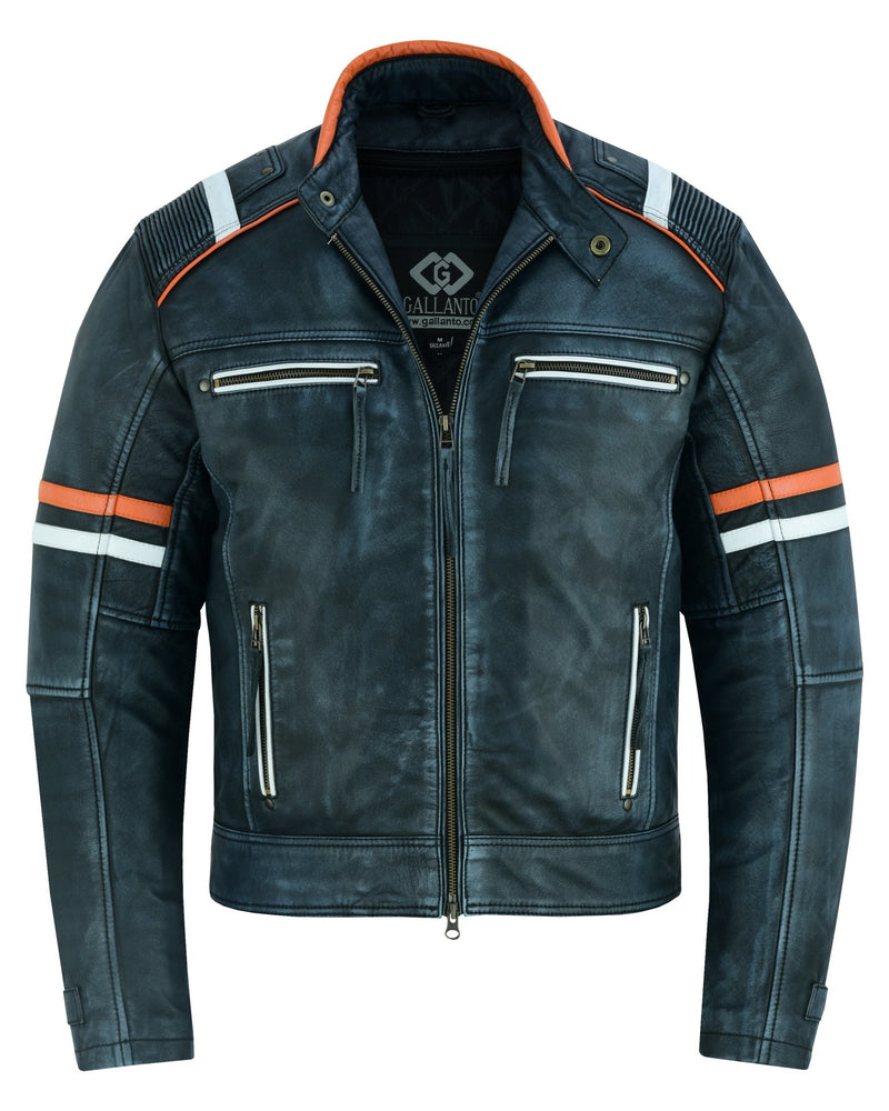 Cafe Racer Orange & White Stripes Black Leather Biker Jacket -