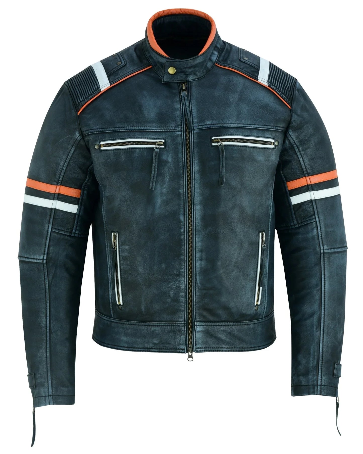 cafe racer orange & white stripes black leather biker jacket -