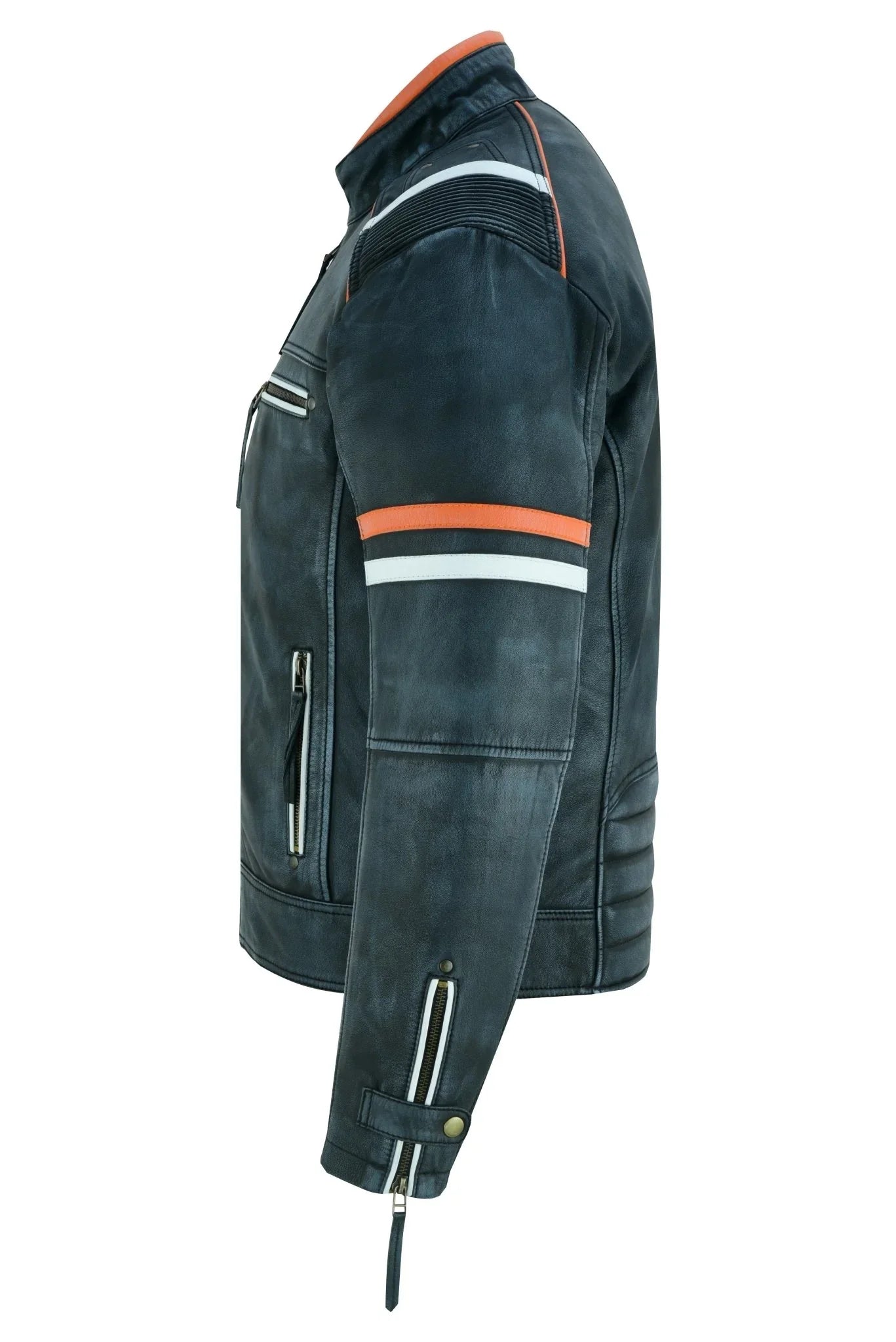 cafe racer orange & white stripes black leather biker jacket -