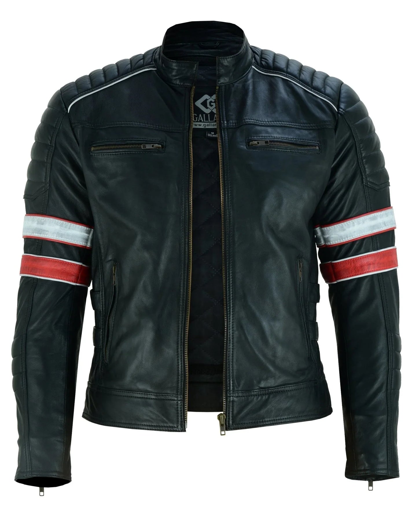 cafe racer striped black leather jacket -