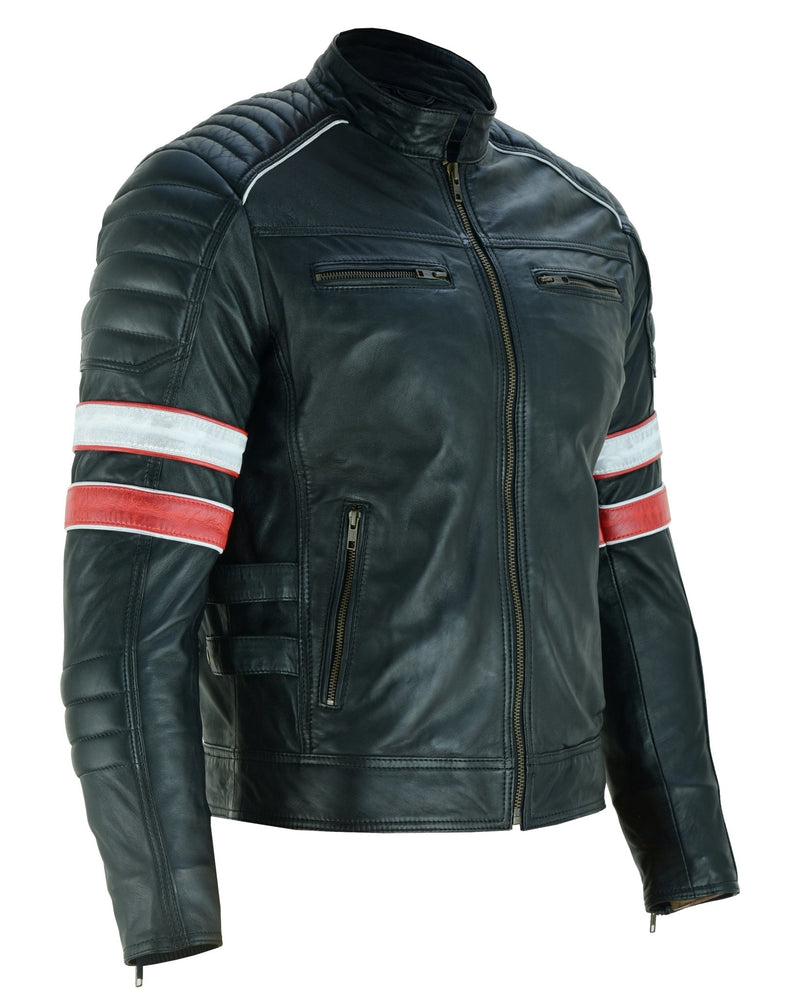 Cafe Racer Striped Black Leather Jacket -
