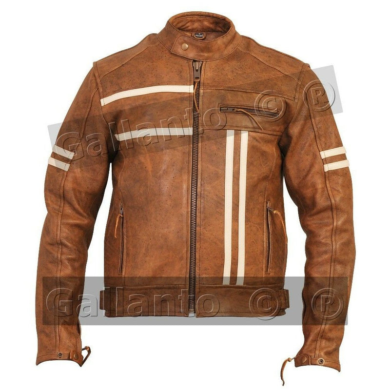 Cafe Racer Vintage Brown Creme Stripe Biker Leather Jacket -