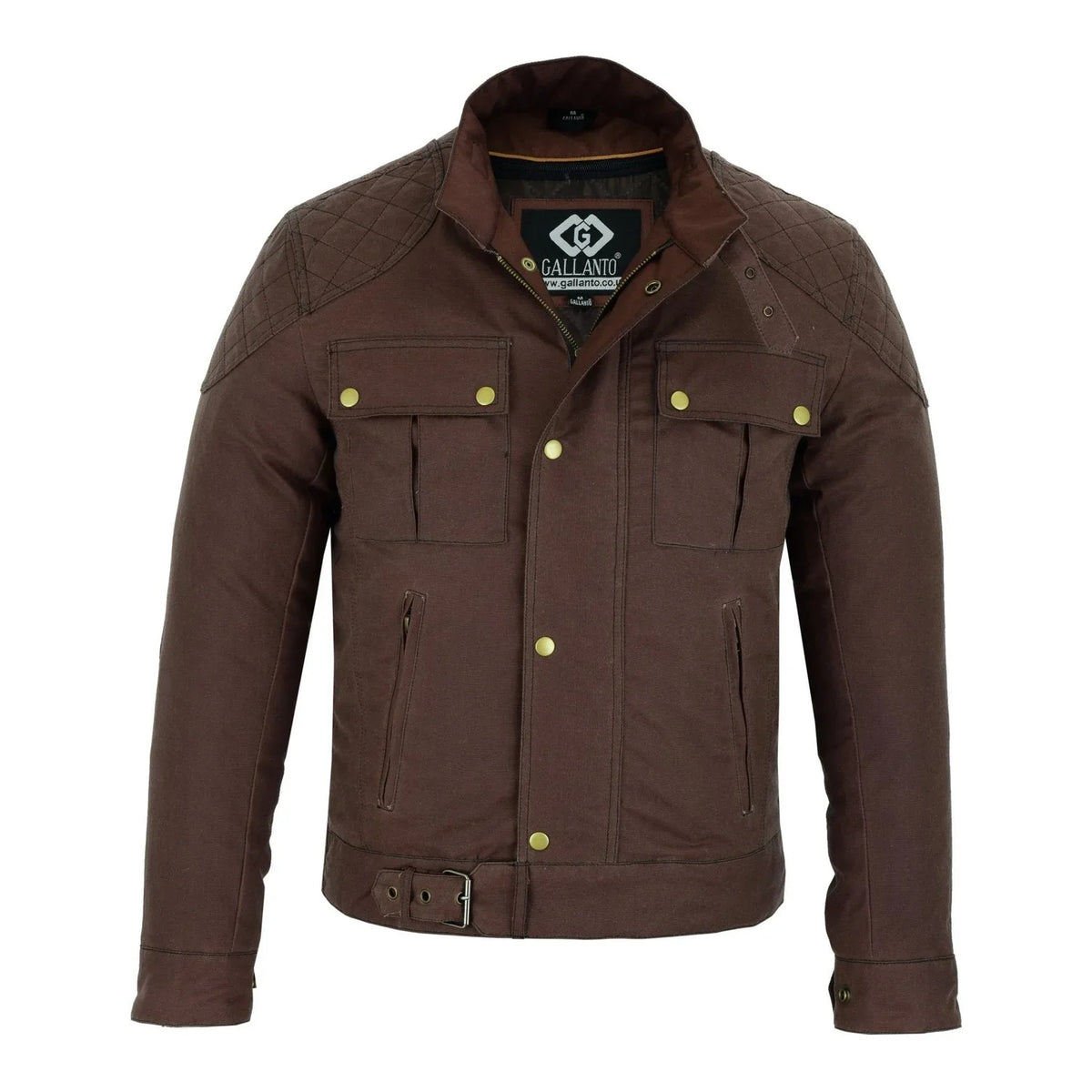 Brown waxed cotton motorcycle jacket with chest pockets