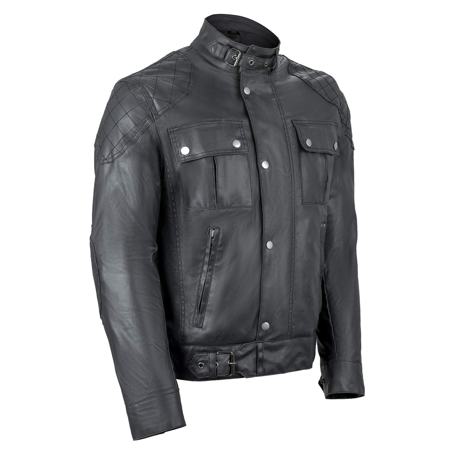 classic dark grey waxed cotton textile biker jacket -