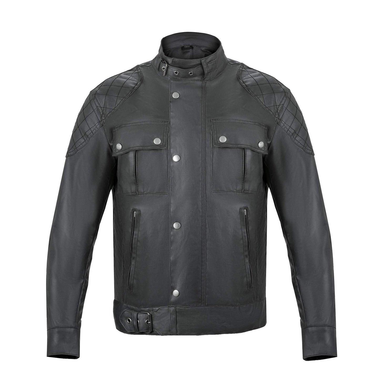 classic dark grey waxed cotton textile biker jacket -