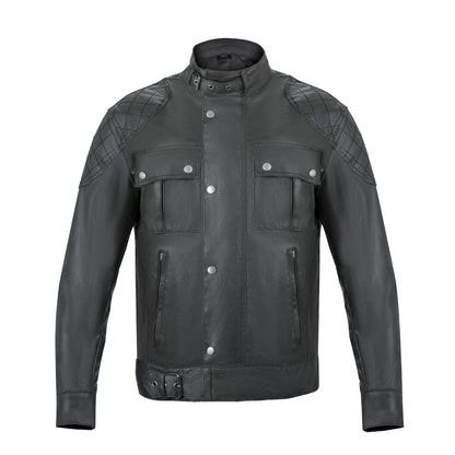 Classic Dark Grey Waxed Cotton Textile Biker Jacket -