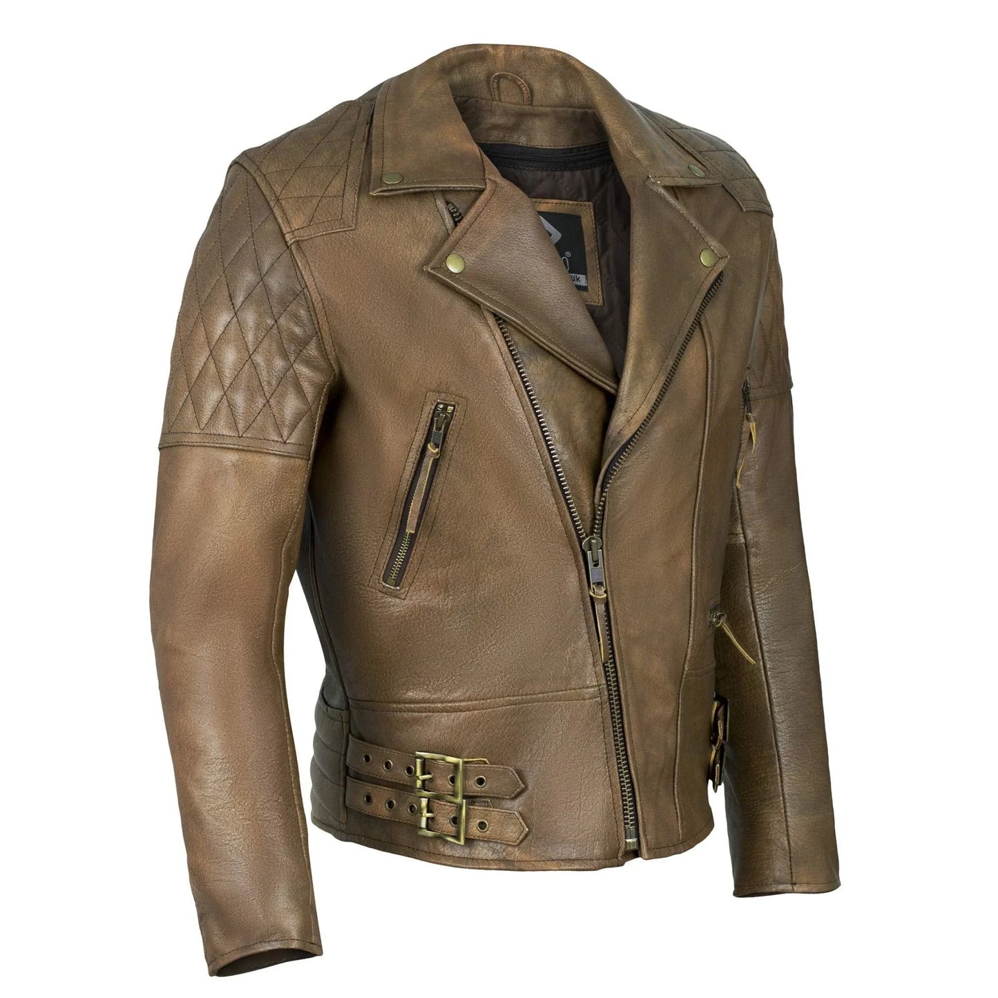classic diamond armoured brown biker leather jacket -