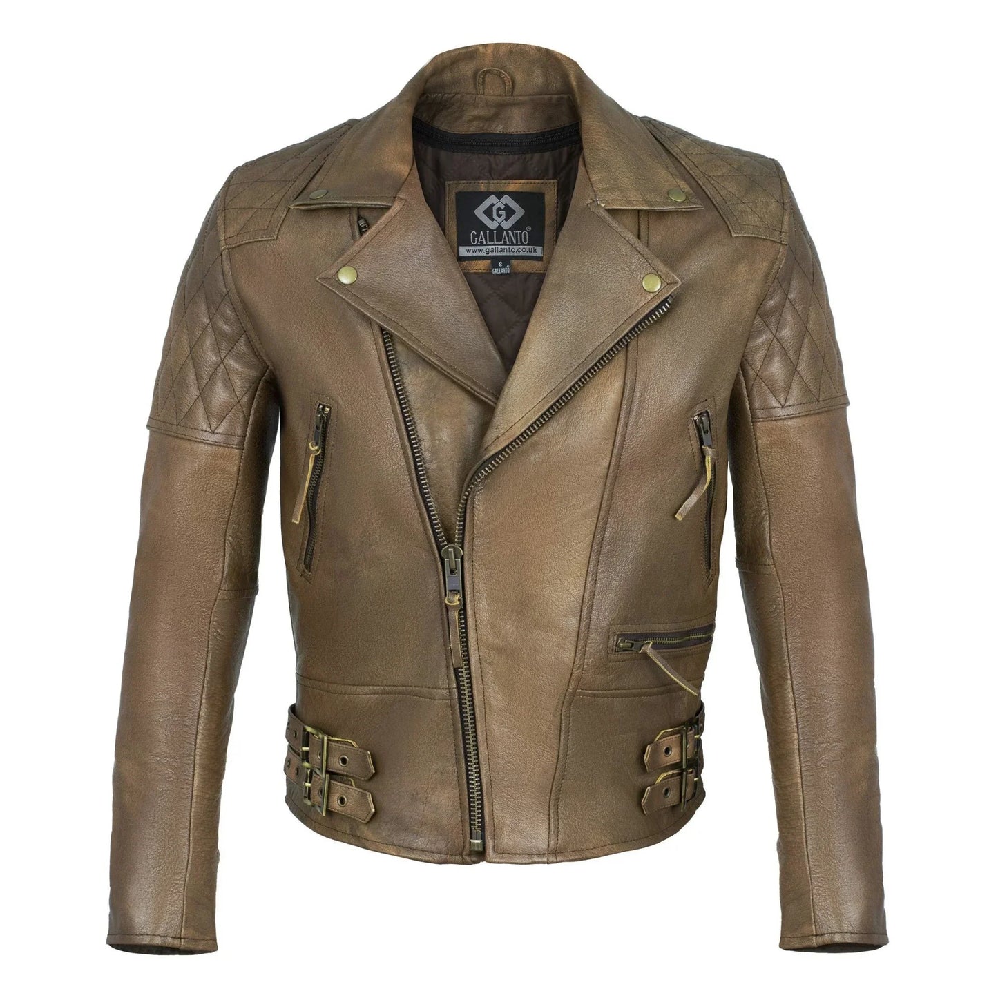 classic diamond armoured brown biker leather jacket -