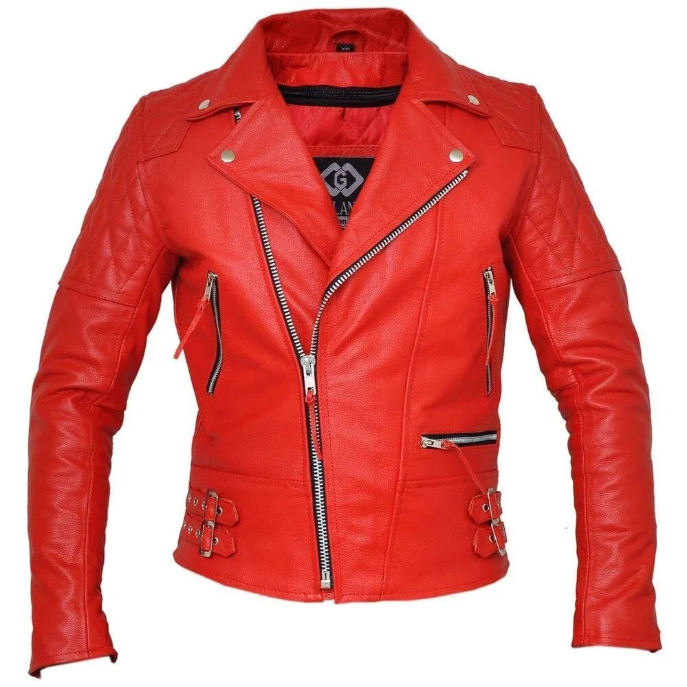 classic diamond bright red armoured motorcycle biker leather jacket -