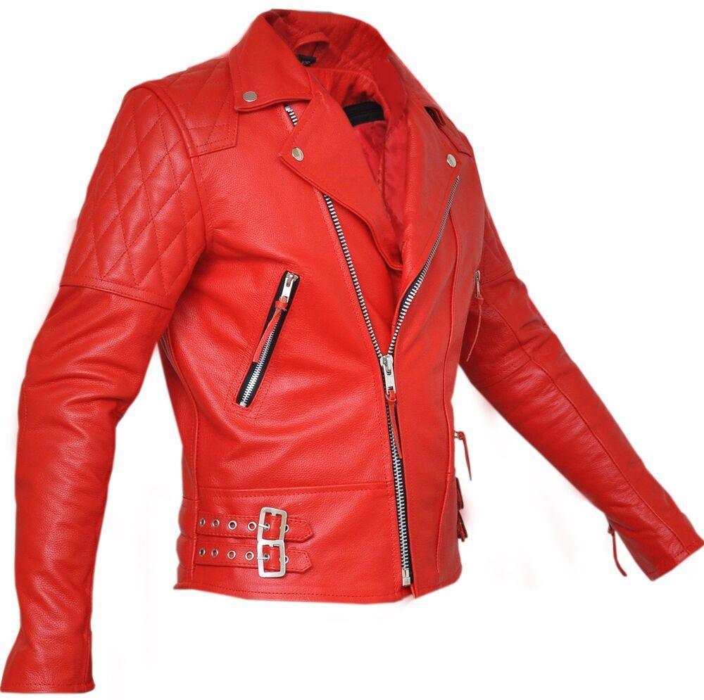 classic diamond bright red armoured motorcycle biker leather jacket -