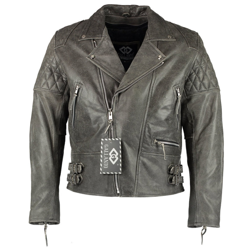 Classic Diamond Vintage Grey Biker Leather Jacket -