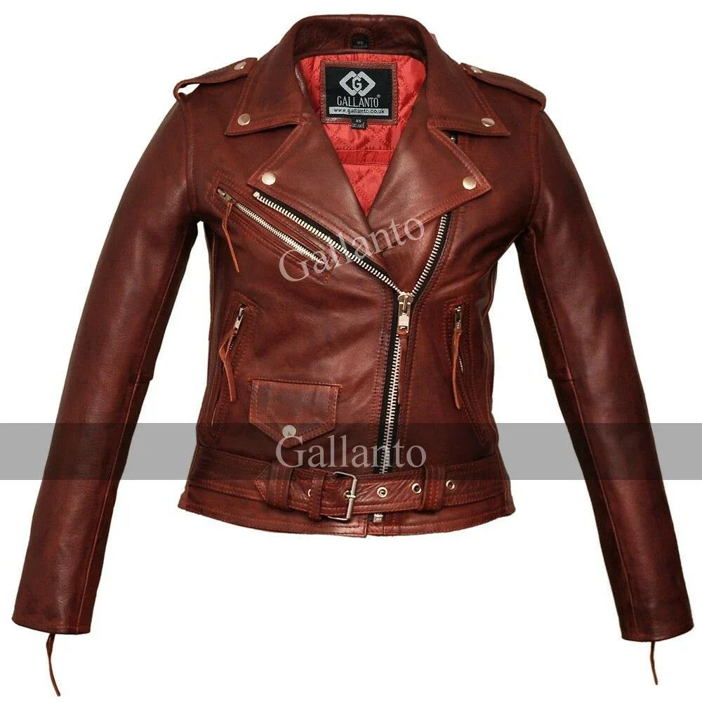 classic ladies red marlon brando motorcycle leather jacket -