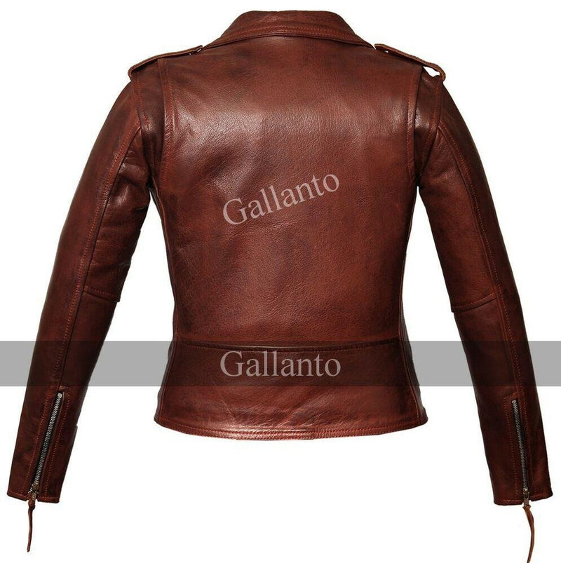 Classic Ladies Red Marlon Brando Motorcycle Leather Jacket -