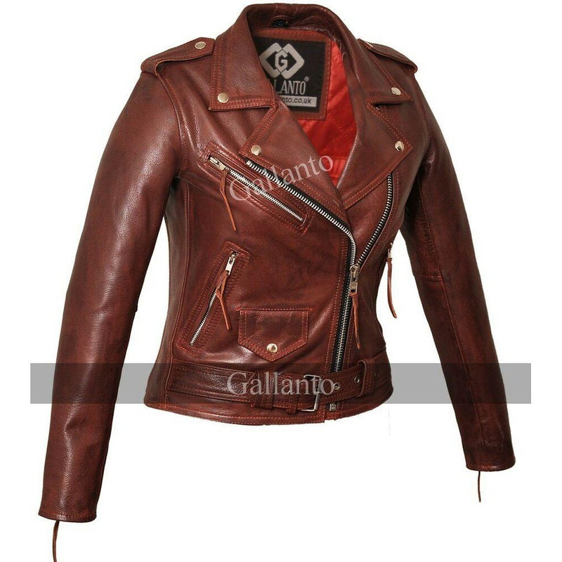 Classic Ladies Red Marlon Brando Motorcycle Leather Jacket -