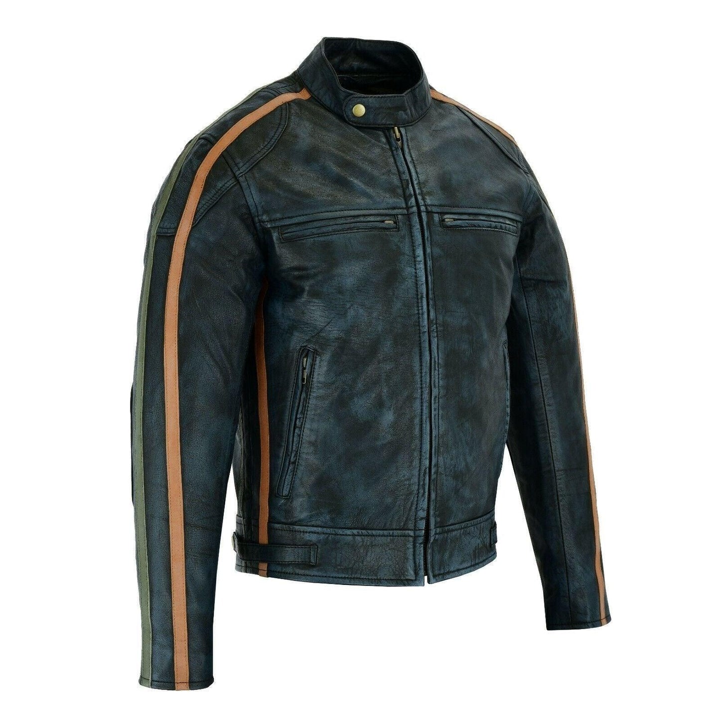 classic mens british black wax striped leather biker jacket -