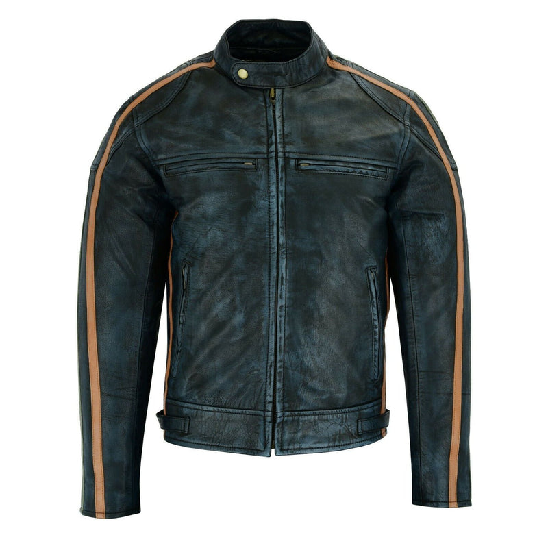 Classic Mens British Black Wax Striped Leather Biker Jacket -