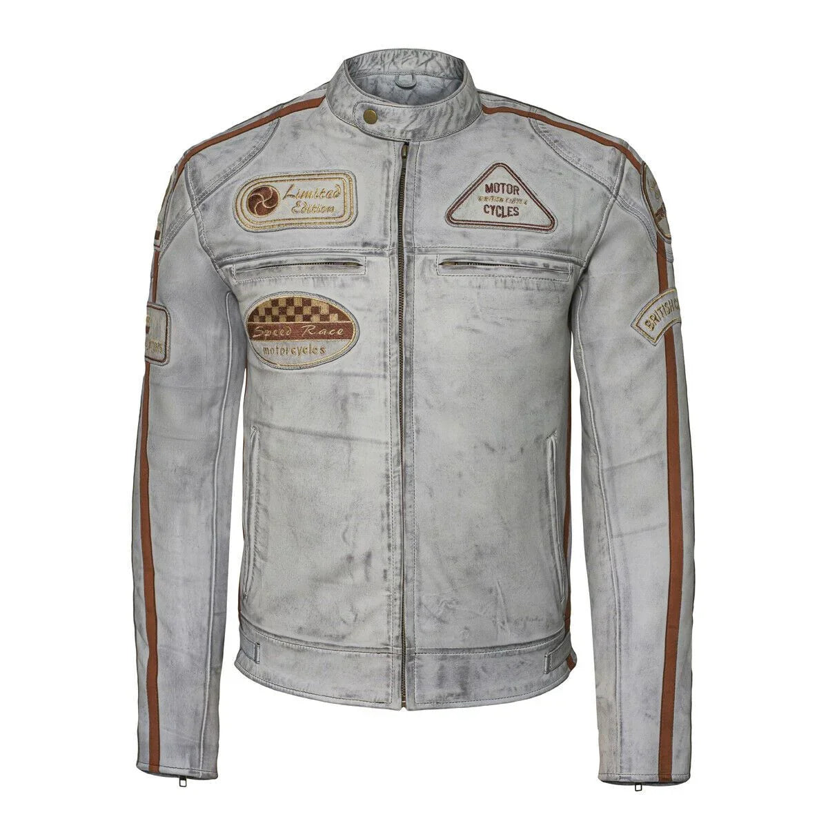 classic mens british grey motorcycle leather jacket with badges -