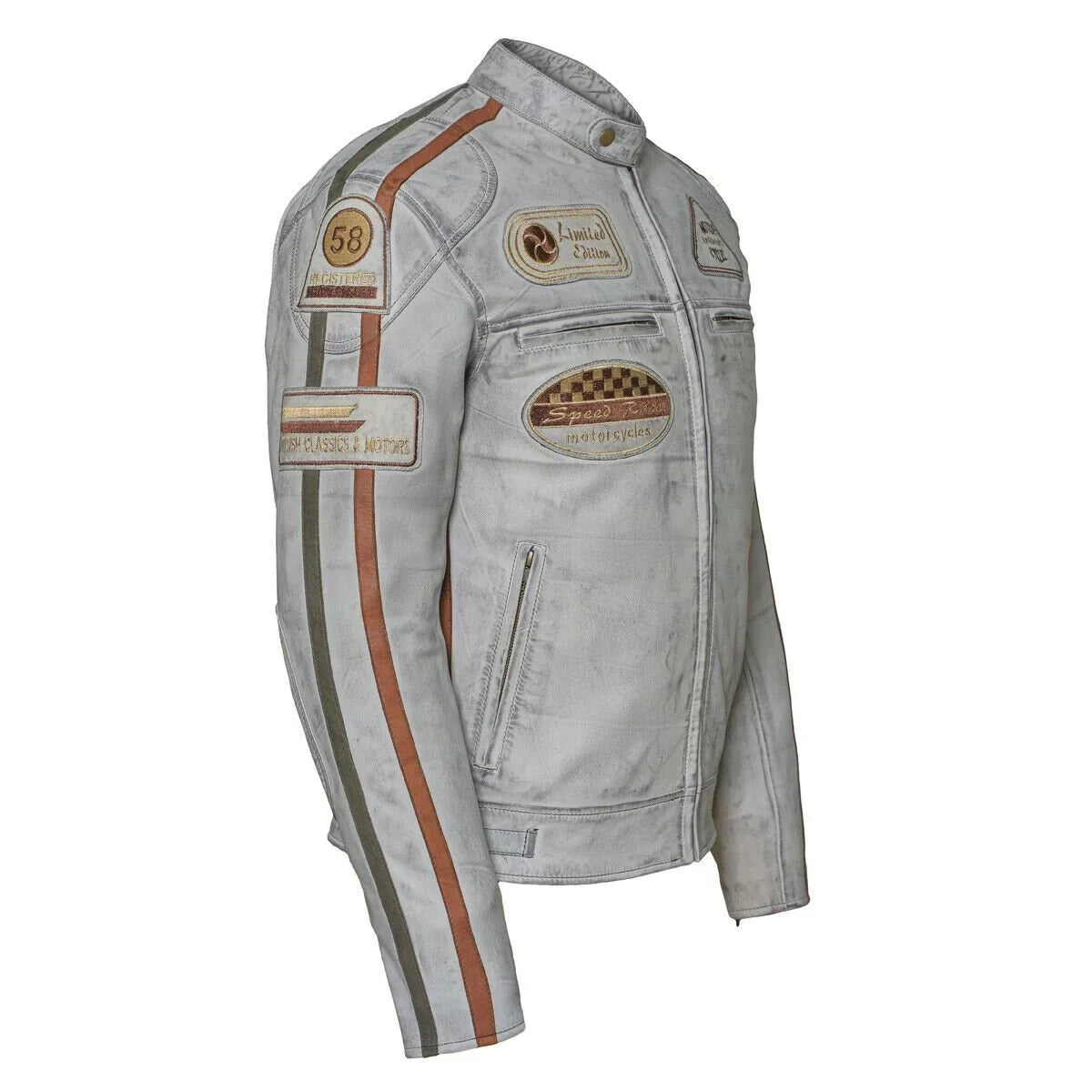 classic mens british grey motorcycle leather jacket with badges -