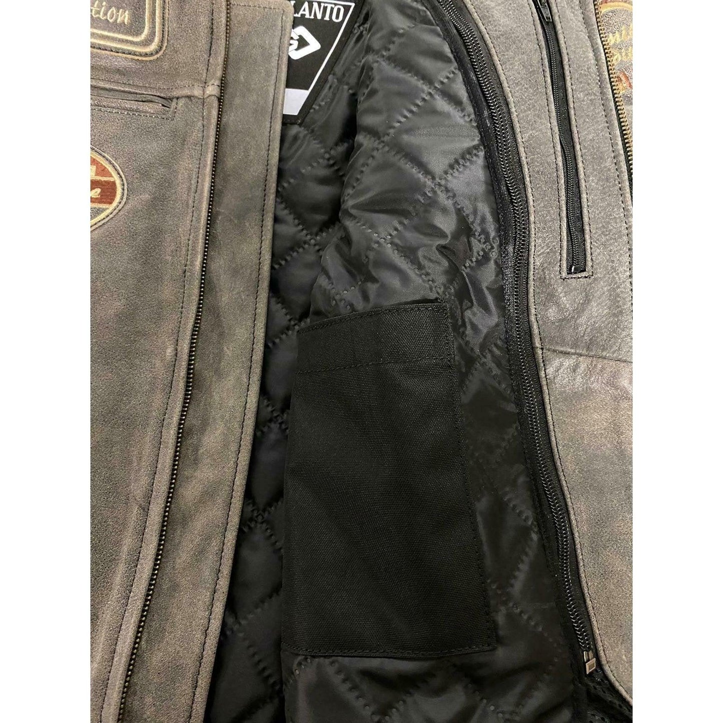 classic mens british grey motorcycle leather jacket with badges -