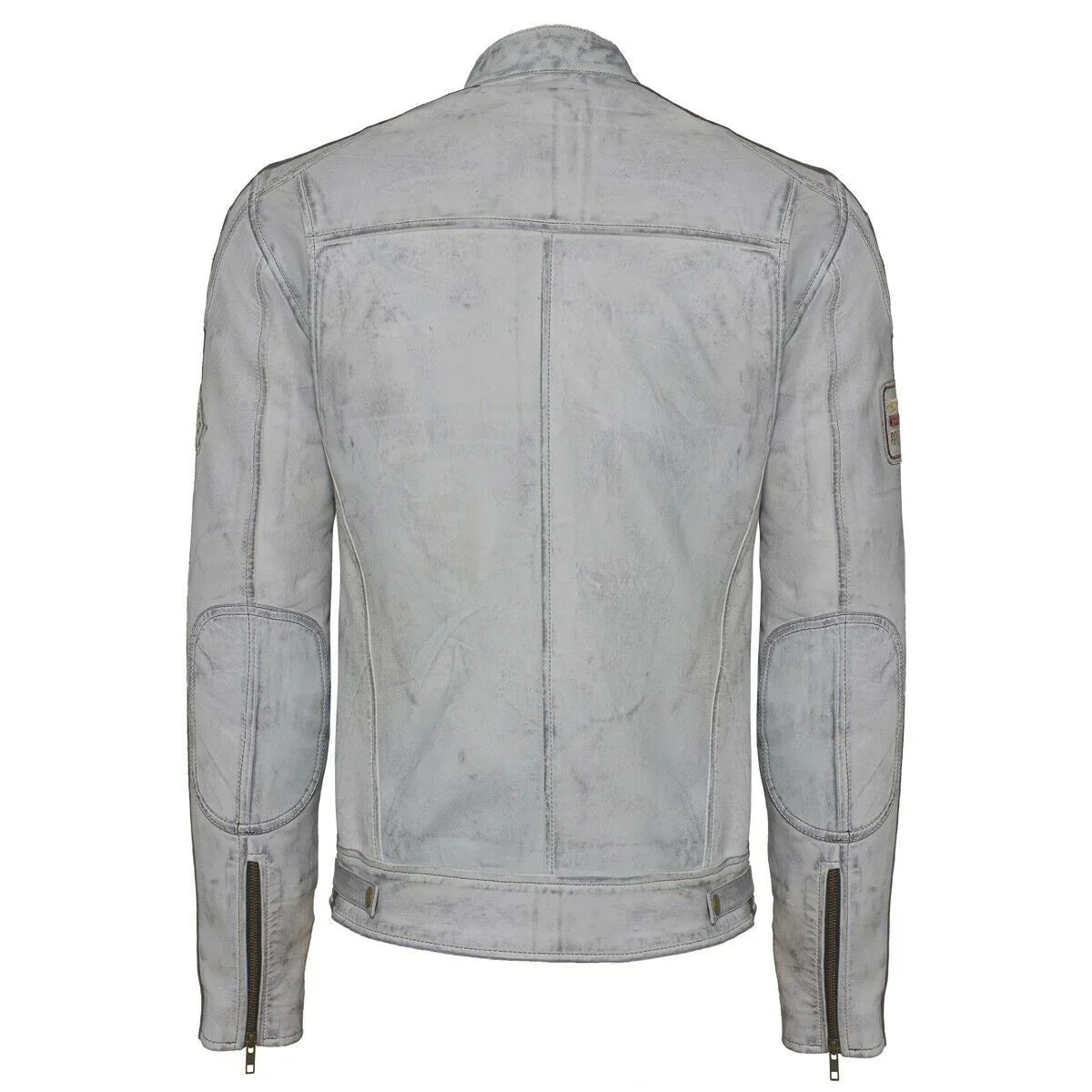classic mens british grey motorcycle leather jacket with badges -