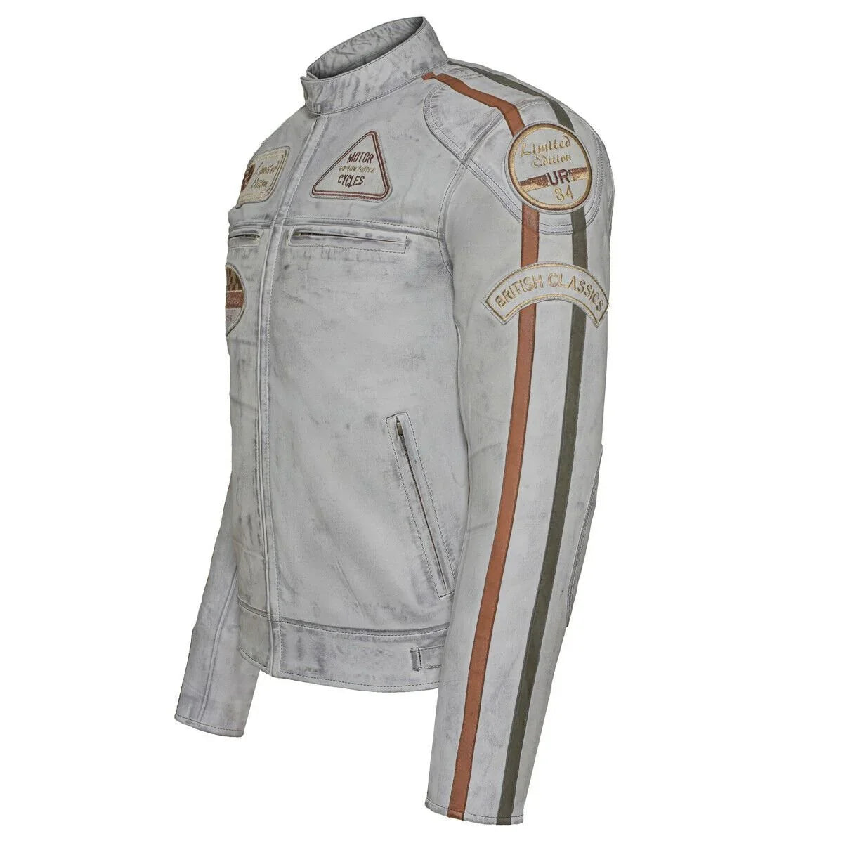 classic mens british grey motorcycle leather jacket with badges -