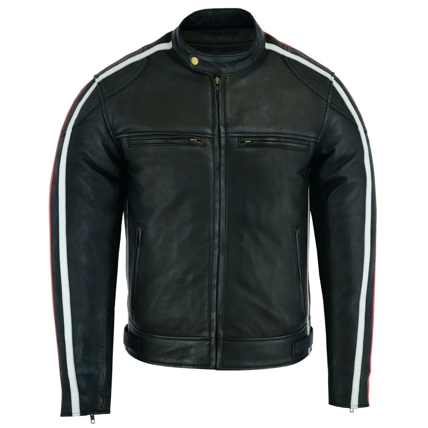 classic mens british motorcycle black wax leather jacket biker red white striped -