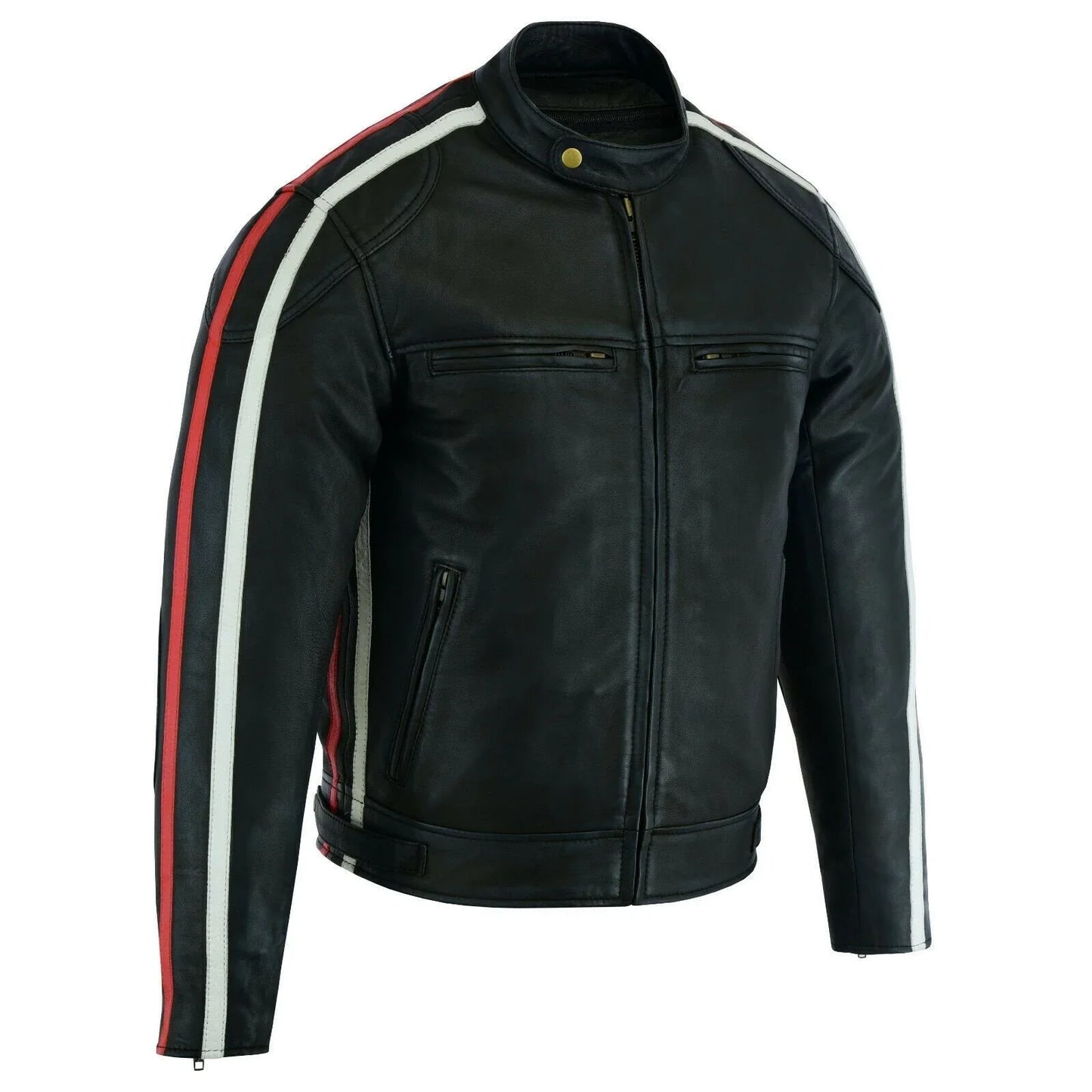 classic mens british motorcycle black wax leather jacket biker red white striped -