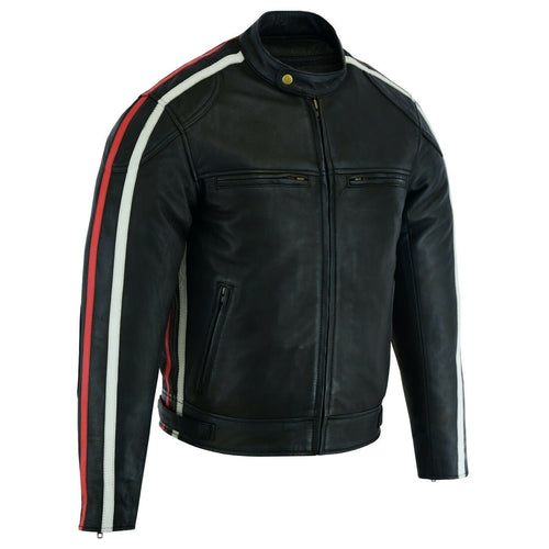 Classic Mens British Motorcycle Black Wax Leather Jacket Biker Red White Striped -