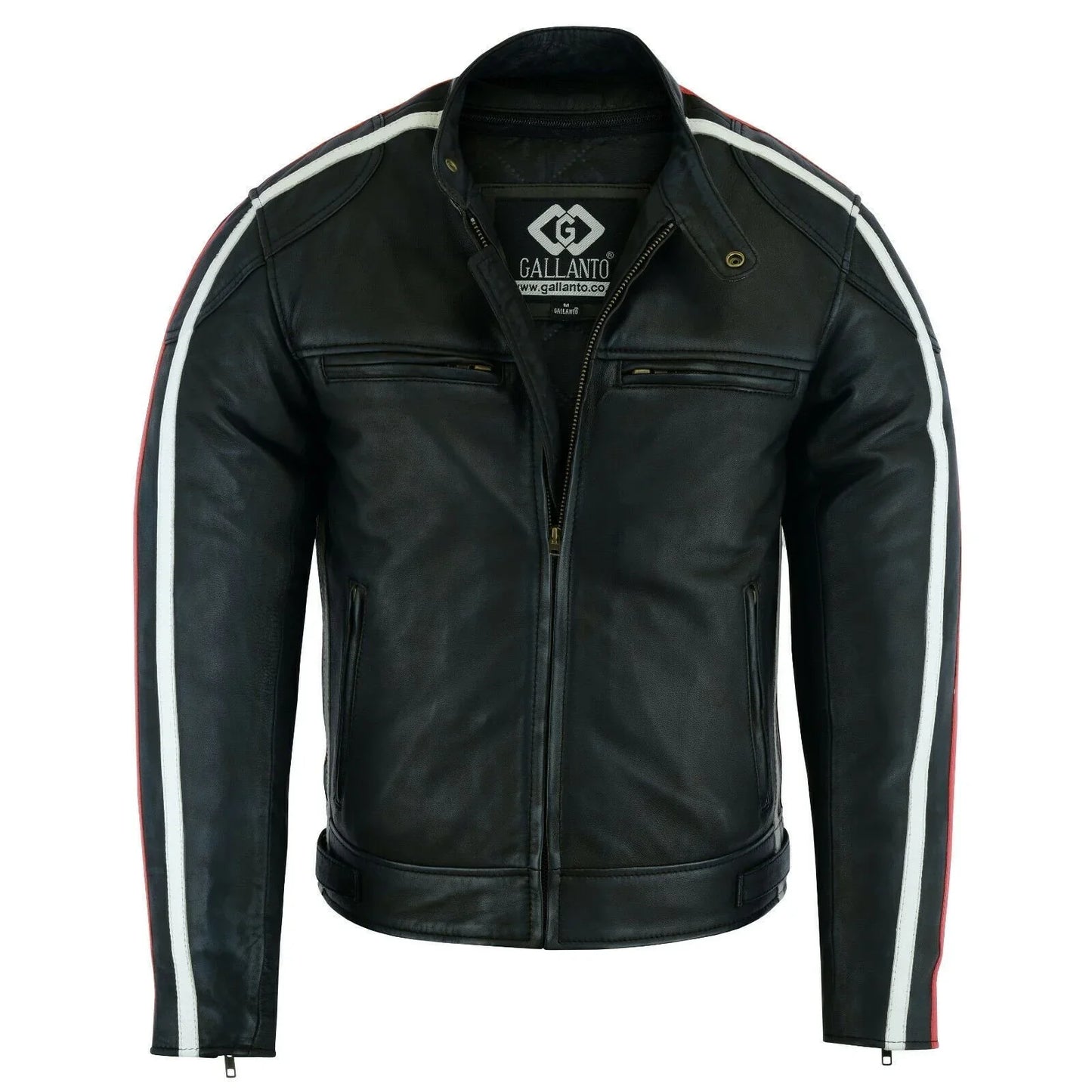 classic mens british motorcycle black wax leather jacket biker red white striped -