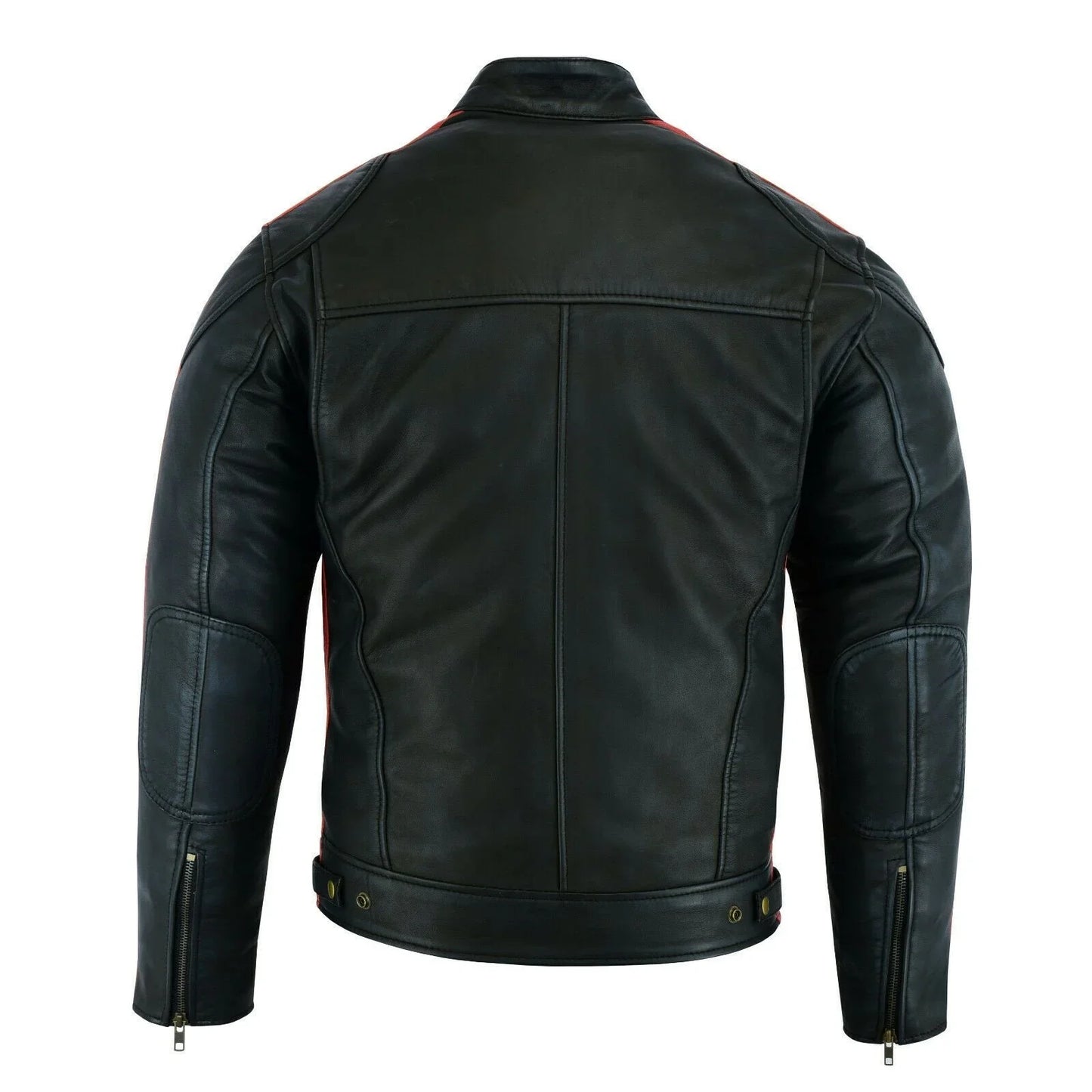 classic mens british motorcycle black wax leather jacket biker red white striped -