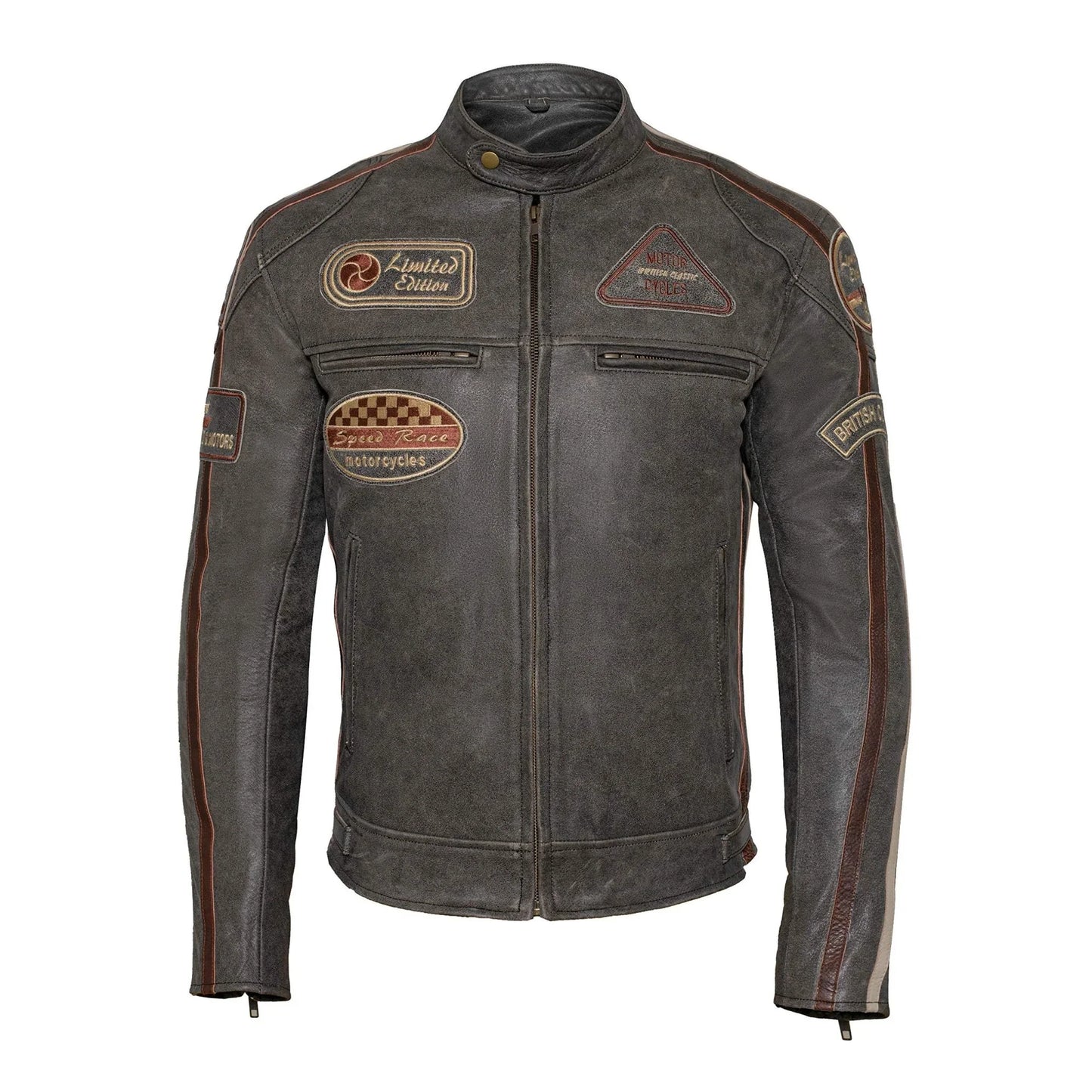 classic mens british striped biker leather jacket with badges -