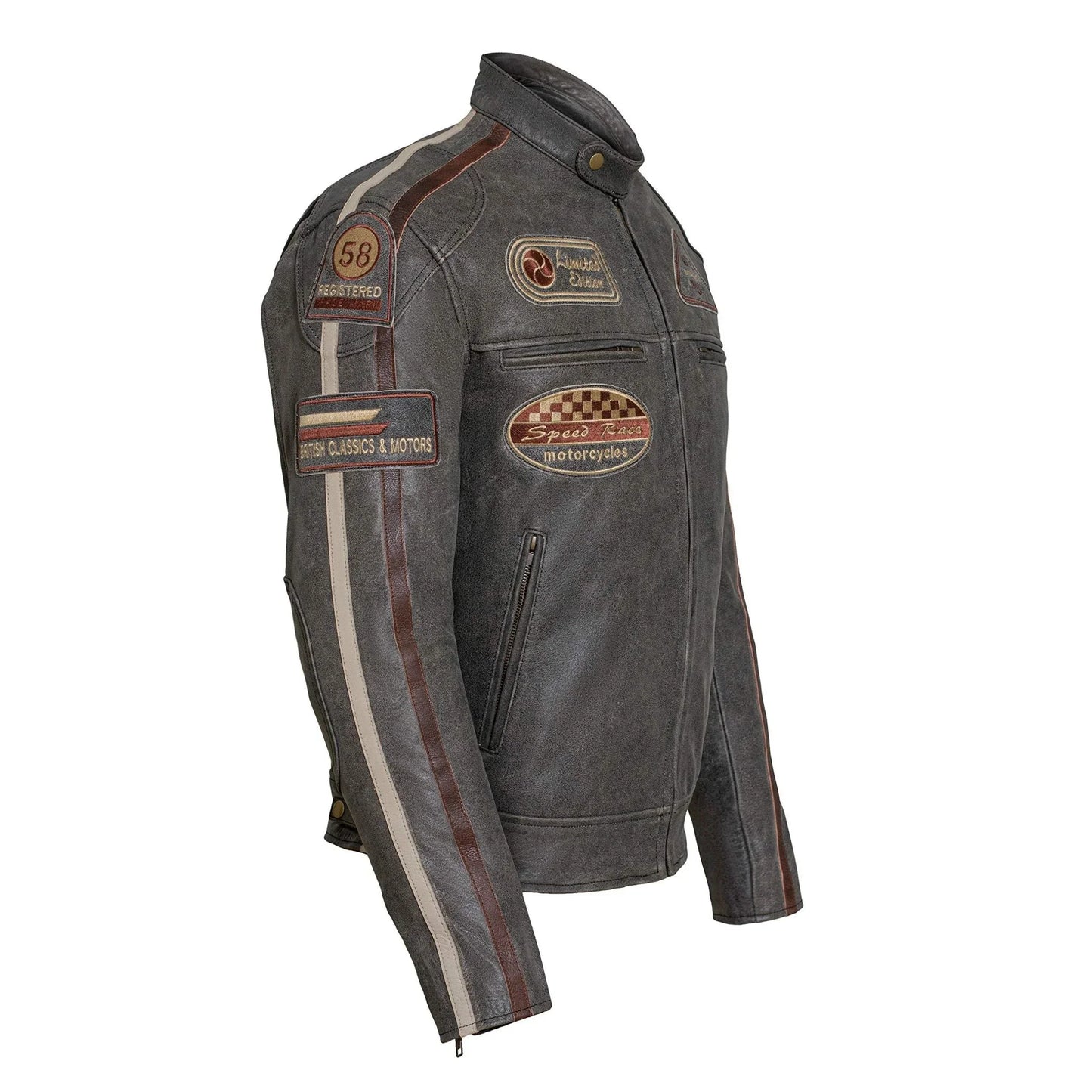 classic mens british striped biker leather jacket with badges -