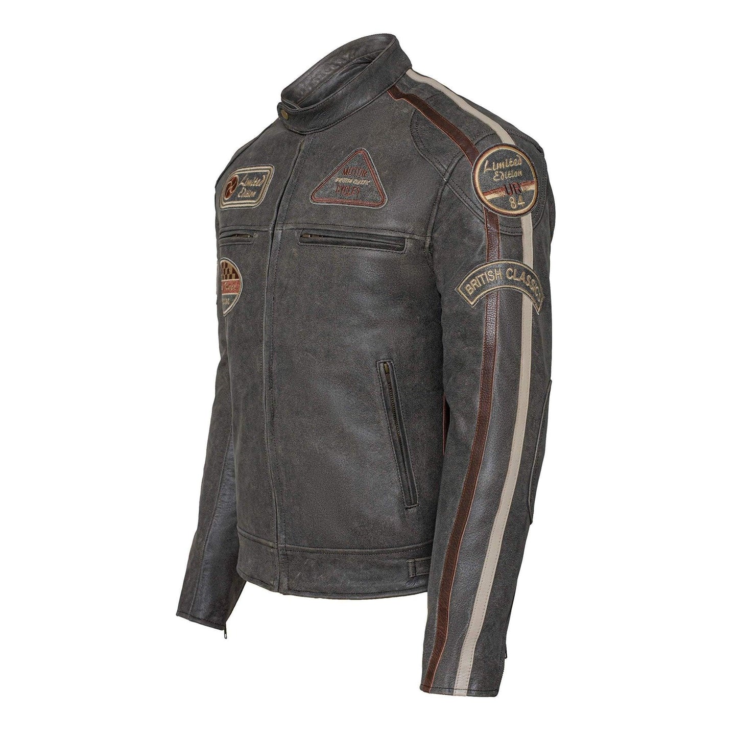 classic mens british striped biker leather jacket with badges -