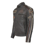 Classic Mens British Striped Biker Leather Jacket with Badges -