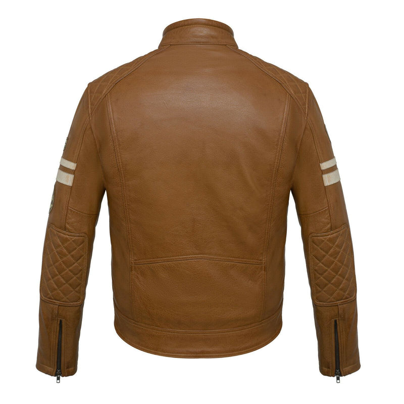 Classic Mens British Tan Motorcycle Leather Jacket With Badges -