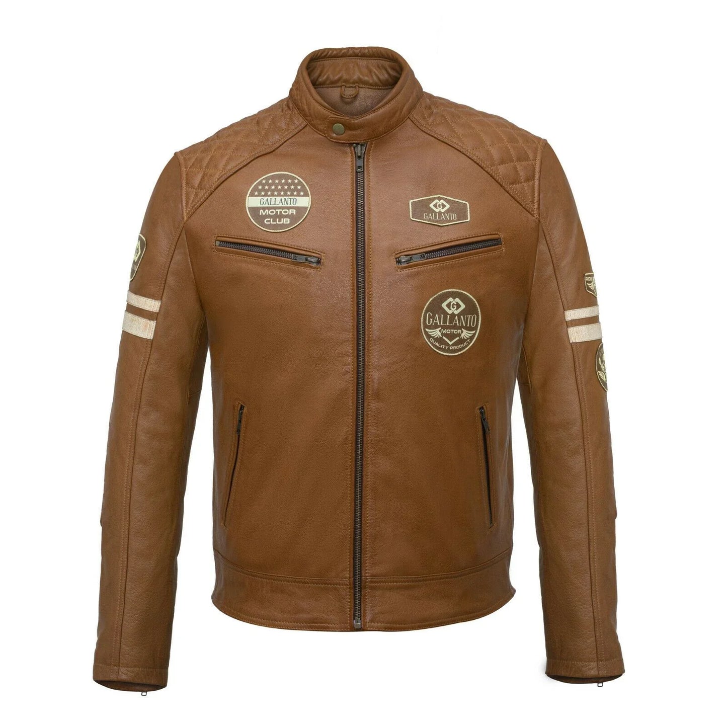 classic mens british tan motorcycle leather jacket with badges -