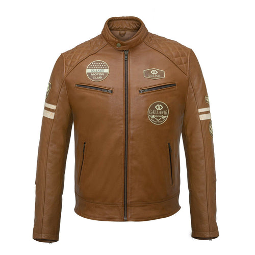 Classic Mens British Tan Motorcycle Leather Jacket With Badges -