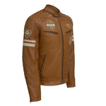 Classic Mens British Tan Motorcycle Leather Jacket With Badges -