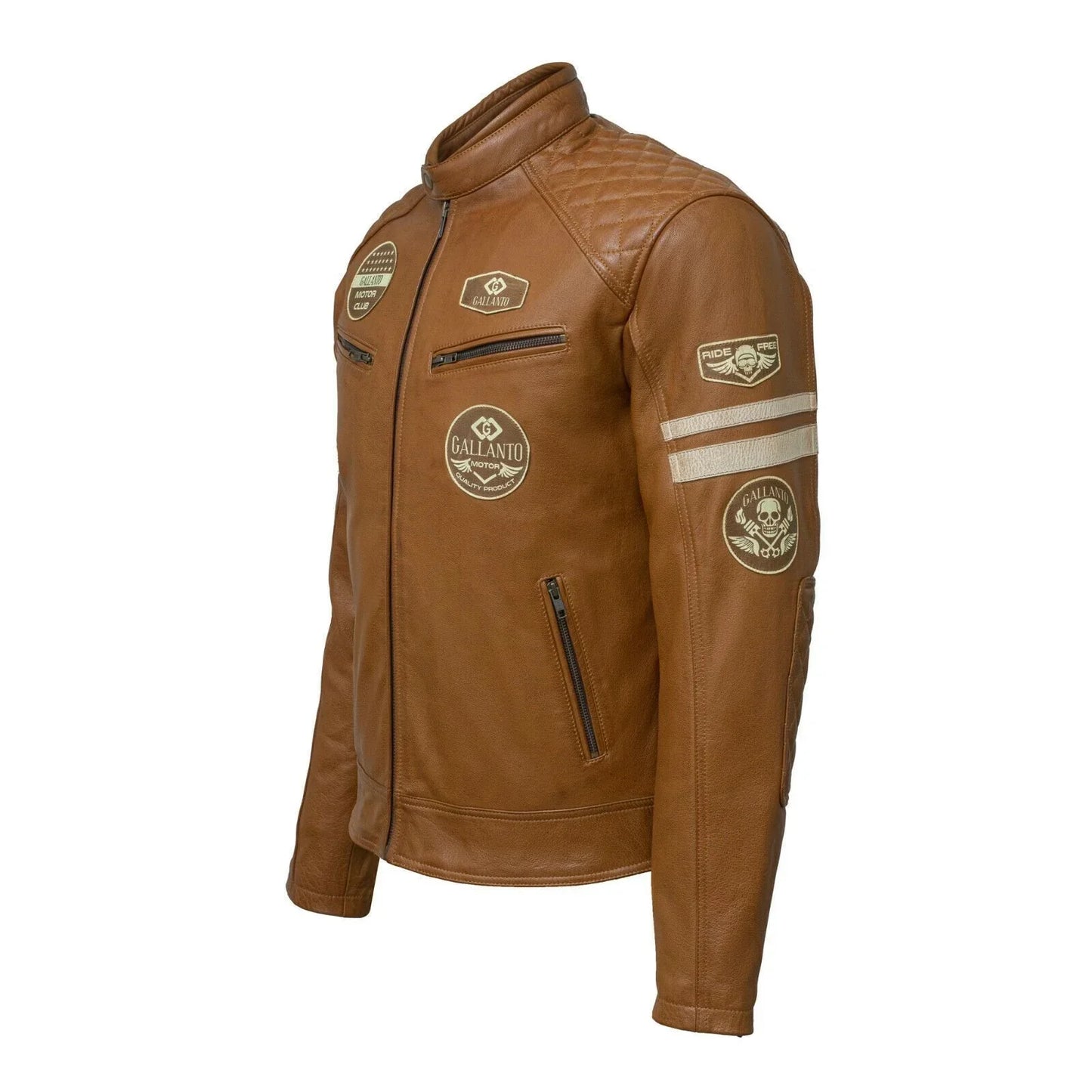 classic mens british tan motorcycle leather jacket with badges -