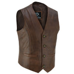 Classic Mens Buttoned Leather Waistcoat Biker Vest in Black or Tan -