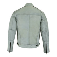 Classic Mens Dirty Grey Motorcycle Leather Jacket Biker Tan and Green stripes -