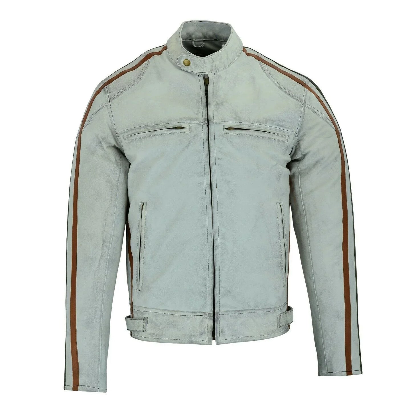 classic mens dirty grey motorcycle leather jacket biker tan and green stripes -