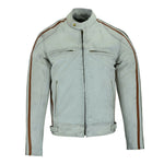 Classic Mens Dirty Grey Motorcycle Leather Jacket Biker Tan and Green stripes -