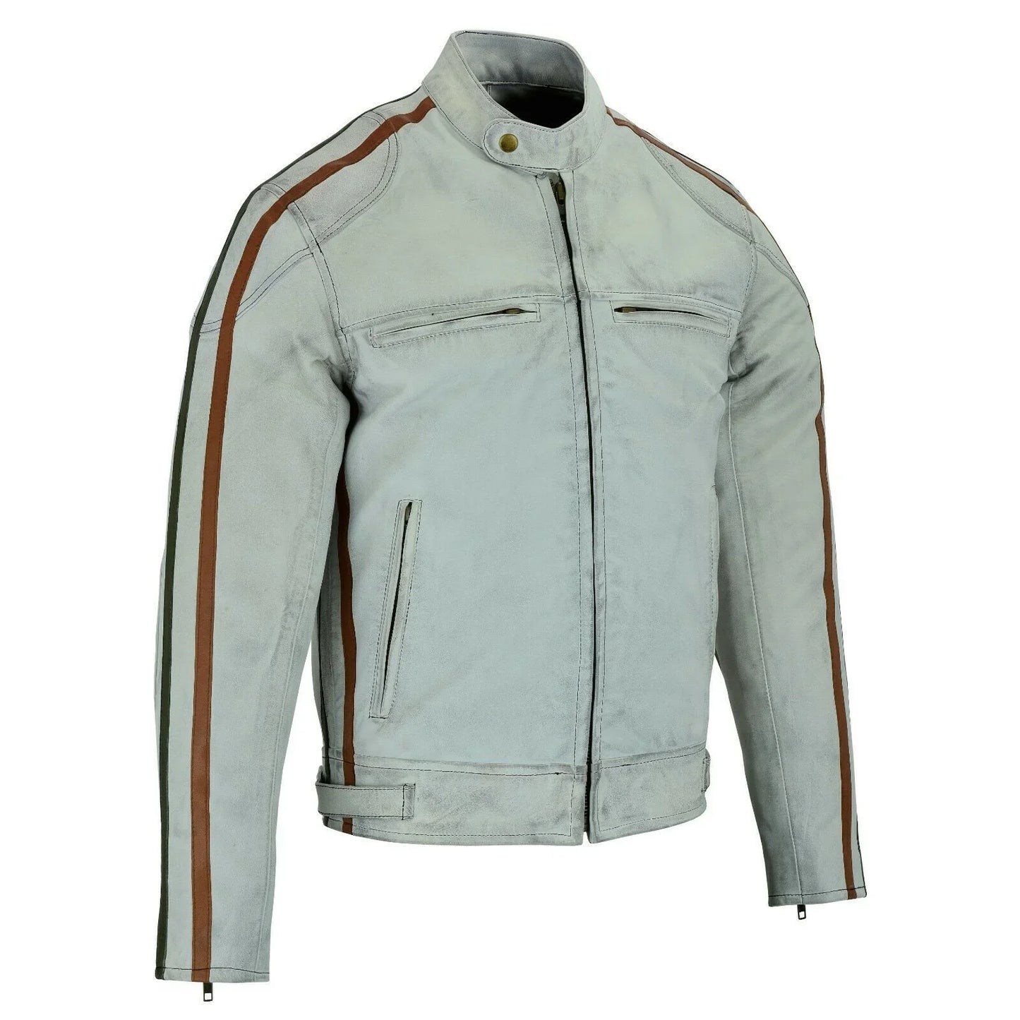 classic mens dirty grey motorcycle leather jacket biker tan and green stripes -